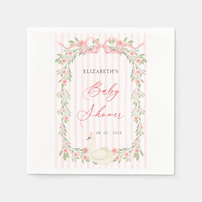 Guardanapo De Papel Chá de Bebê Floral Cisne Rosa com Laço (Frente)
