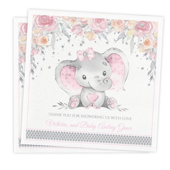 Guardanapo De Papel Chá de Bebê Floral Diamante Elefante Cinza Rosa (Personalize with optional text.)