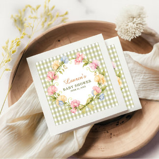 Guardanapo De Papel Chá de Bebê Floral em Aquarela com Xadrez Verde Sa