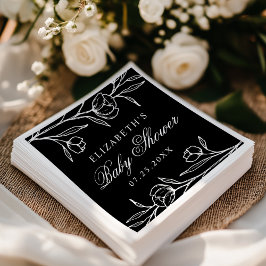 Guardanapo De Papel Chá de Bebê Floral Preto e Branco Desenhado