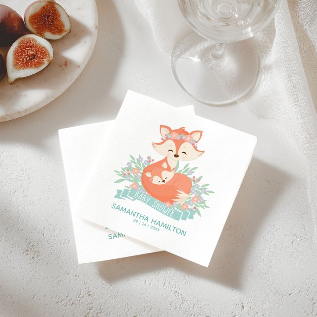 Guardanapo De Papel Chá de Bebê Floresta Fofa Mamãe e Bebê Raposa Meni (Criador carregado)