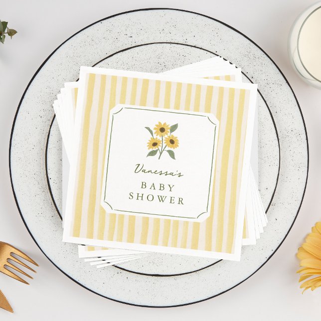 Guardanapo De Papel Chá de Bebê Girassol e Listras Amarelas (hand-drawn sunflower baby shower napkins)