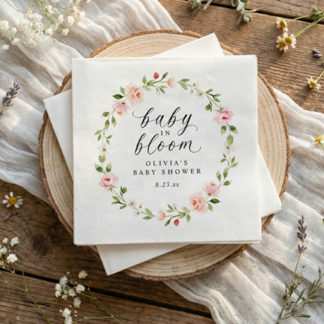 Guardanapo De Papel Chá de Bebê Jardim Floral Aquarela Rosa em Flor (Baby in bloom baby shower cocktail napkins with pink watercolor flowers)
