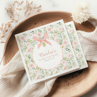 Guardanapo De Papel Chá de Bebê Menina com Laço Rosa Floral Vintage