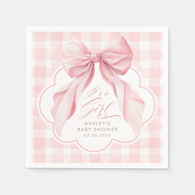 Guardanapo De Papel Chá de Bebê Menina com Laço Rosa Xadrez (Frente)