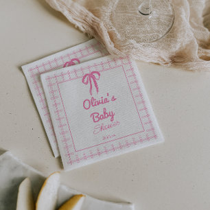 Guardanapo De Papel Chá de Bebê Menina com Laço Rosa Xadrez Desenhado