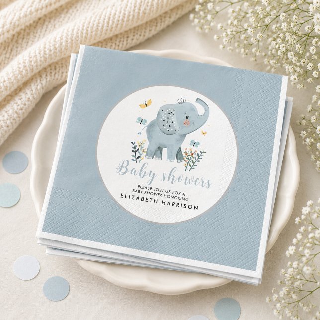 Guardanapo De Papel Chá de Bebê Menino Azul Elefante Adorável (Adorable Elephant Blue Baby Boy Shower Napkins)