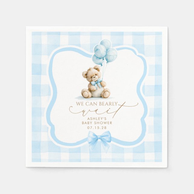 Guardanapo De Papel Chá de Bebê Menino com Urso de Gingham Azul (Frente)