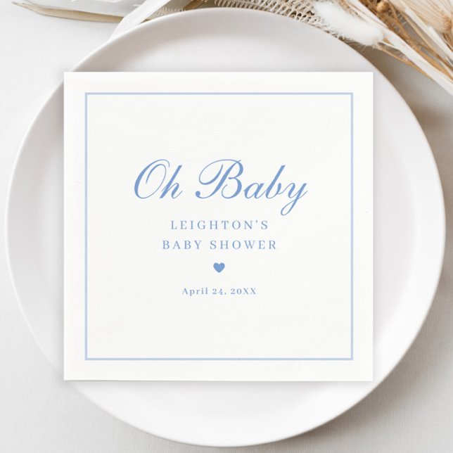 Guardanapo De Papel Chá de Bebê Oh Azul Elegante Script (Elegant Blue Oh Baby Script Boys Baby Shower Napkins.)