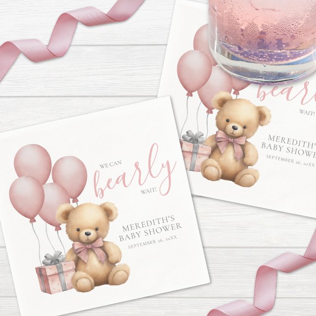 Guardanapo De Papel Chá de Bebê Urso de Pelúcia Balão Rosa (Pink Balloon Teddy Bear Baby Shower Napkins)