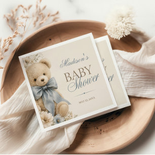 Guardanapo De Papel Chá de Bebê Urso Teddy Elegante com Laço Azul