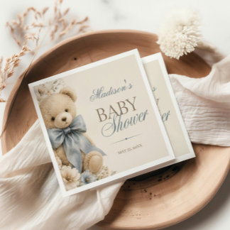 Guardanapo De Papel Chá de Bebê Urso Teddy Elegante com Laço Azul