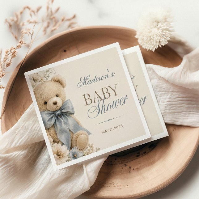 Guardanapo De Papel Chá de Bebê Urso Teddy Elegante com Laço Azul (Criador carregado)