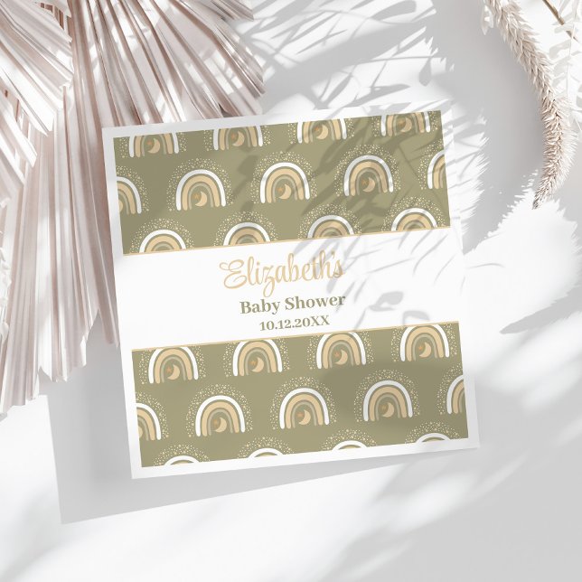 Guardanapo De Papel Chá de fraldas Arco-Íris Neutro da Boêmia (Bohemian Neutral Rainbow Baby Shower Napkins on a sunny white table.)
