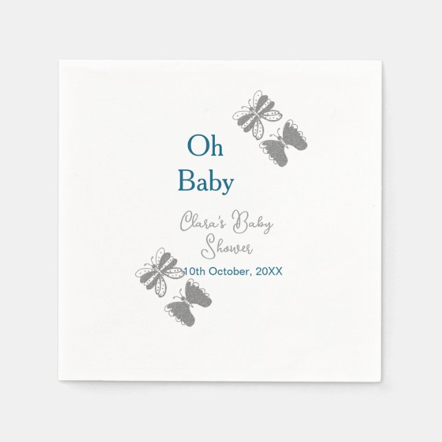 Guardanapo De Papel chá de fraldas azul-borboleta-cinza oh bebê texto  (Frente)