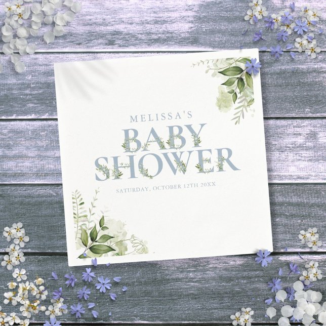 Guardanapo De Papel Chá de fraldas Azul Dusty Foliage Boy Greenery (Greenery Foliage Boy Dusty Blue Baby Shower Napkins)