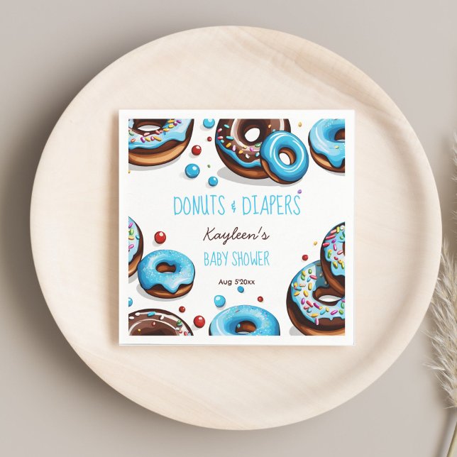 Guardanapo De Papel chá de fraldas azul Rosquinha e fralda impresso (Donuts and diapers blue chocolate brown baby shower monogram printed napkins personalized table deco)