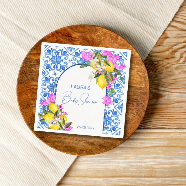 Guardanapo De Papel Chá de fraldas Azulejo azul Lemons bougainvillea (Baby Shower Blue Tiles Lemons bougainvillea template Napkins personalized baby shower tableware)