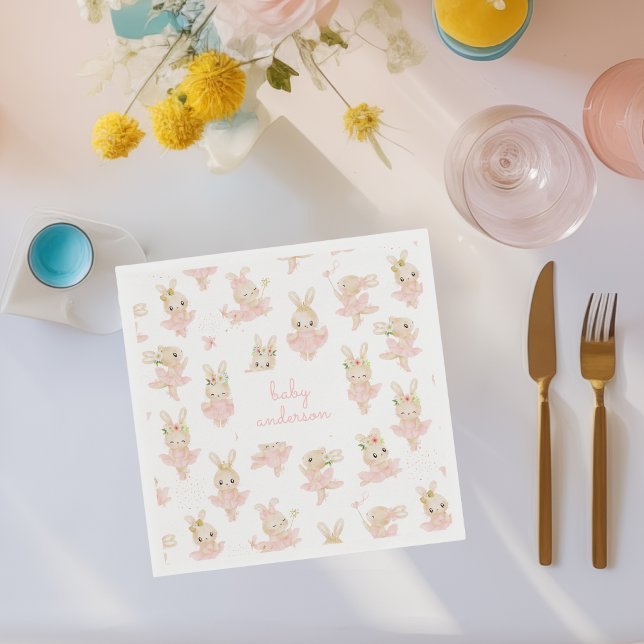 Guardanapo De Papel Chá de fraldas Ballerina Tutu, coelho rosa (custom baby shower napkins with watercolor rabbit ballerina illustrations)