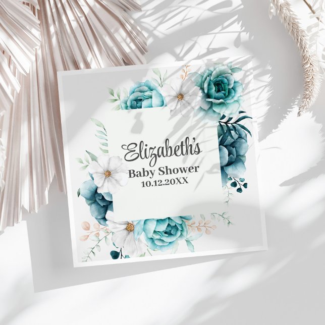 Guardanapo De Papel Chá de fraldas Boho Teal Wildflower (Boho Teal Wildflowers Baby Shower Napkins on a sunny white table.)