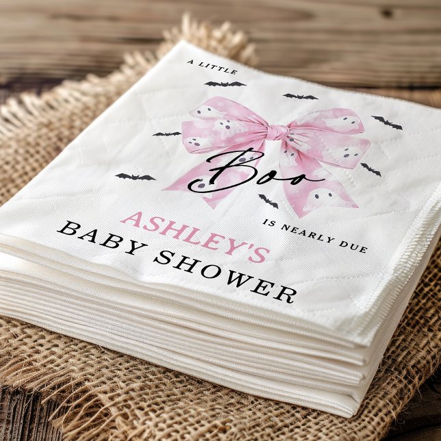 Guardanapo De Papel Chá de fraldas Boo do Arco Rosa Coquette (Little Boo is Almost Due Baby Shower Paper Napkin, Croquette Pink Bow Halloween Little Boo Napkin)