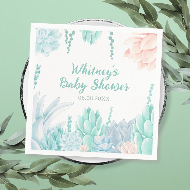 Guardanapo De Papel Chá de fraldas Botânico Suculto (Succulent Botanical Watercolor Boy Baby Shower Napkins)