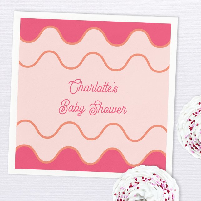 Guardanapo De Papel Chá de fraldas da Curva Rosa da Borda Onda Retroat (Retro modern wavy curve border pink custom text baby shower paper napkins)