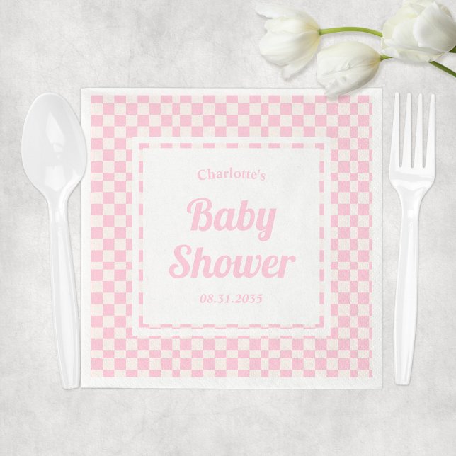 Guardanapo De Papel Chá de fraldas da Garota-Padrão de Verificação de  (Retro Pink Pastel Check Pattern Girl Baby Shower Napkins
)