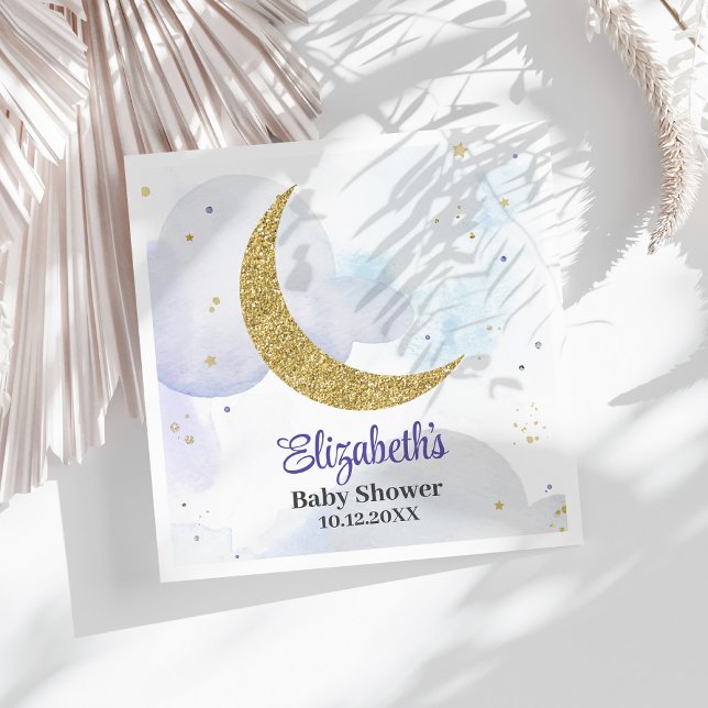 Guardanapo De Papel Chá de fraldas da Lua com brilho do ouro (Golden Glitter Moon Baby Shower Napkins on a sunny white table.)