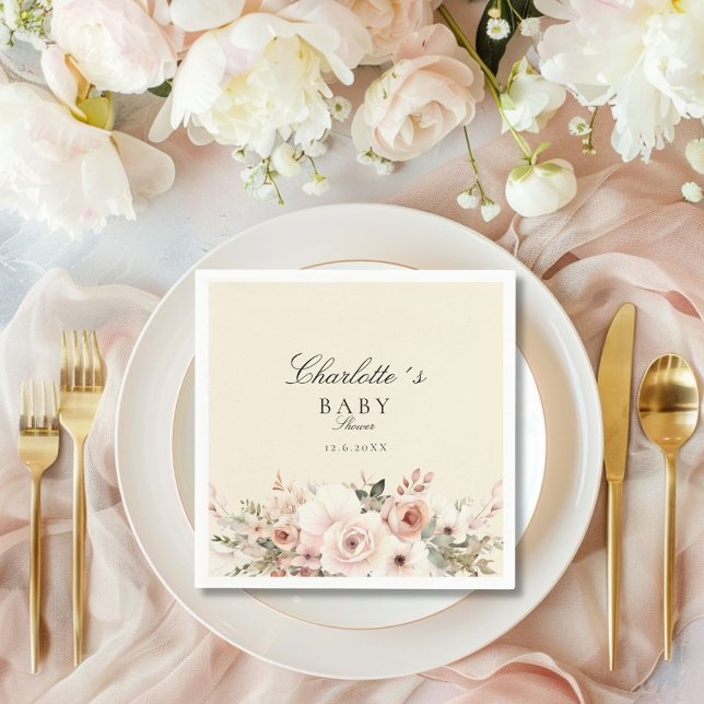 Guardanapo De Papel Chá de fraldas de buquê de flor pastel elegante (Elegant pastel flower bouquet Baby Shower Napkins with your name and date.)