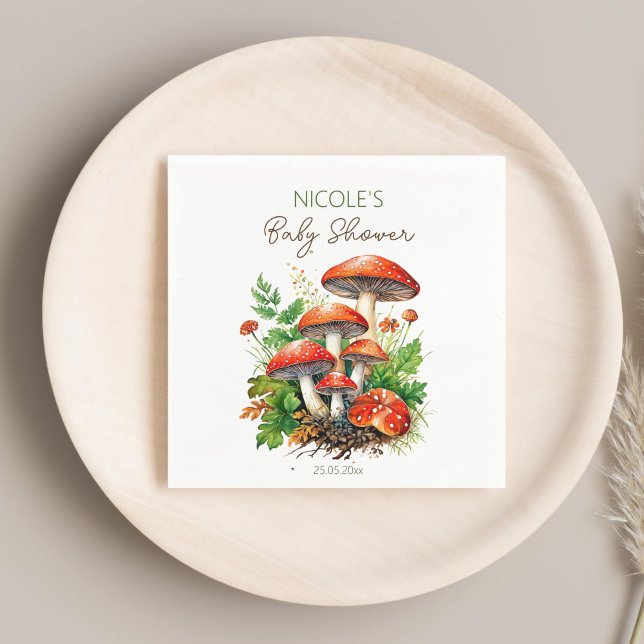 Guardanapo De Papel Chá de fraldas de cogumelos florestais selvagens (Wild forest red mushrooms fern baby shower monogram printed template napkins personalized decor)