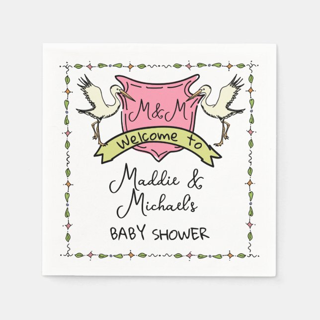 Guardanapo De Papel Chá de fraldas de Crest Stork desenhado à mão (Frente)