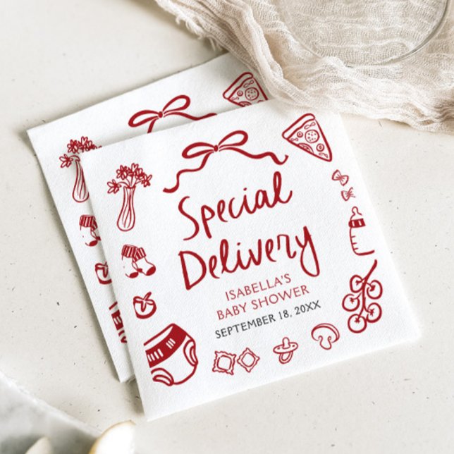 Guardanapo De Papel Chá de fraldas de Entrega Especial da Pizza Desenh (Red Hand Drawn Pizza Special Delivery Baby Shower Napkins)