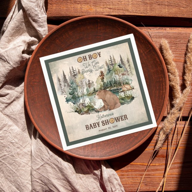 Guardanapo De Papel Chá de fraldas de Espera Russo do Garoto Bearle ("Oh Boy We Can Bearly Wait!" Rustic Woodland Bear and Forest Animals Baby Shower Paper Napkins)