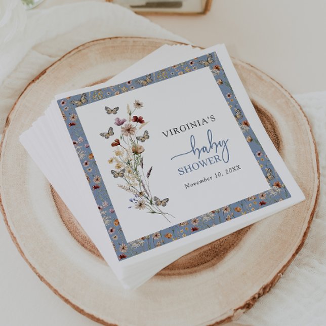 Guardanapo De Papel Chá de fraldas de flor selvagem azul (Dusty Blue Wildflower Baby Shower Napkins with Butterflies by Painted Paperie
)