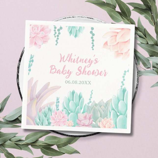 Guardanapo De Papel Chá de fraldas de Garota Botânica Suculta (Succulent Botanical Watercolor Girl Baby Shower Napkins)