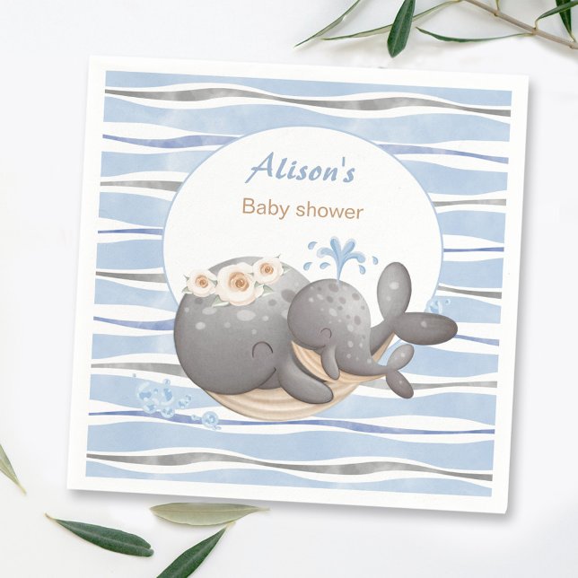 Guardanapo De Papel Chá de fraldas de Garoto Azul-Verão de Baleia Náut (Boy Nautical Whale Blue Summer Boy Baby Shower Napkins)
