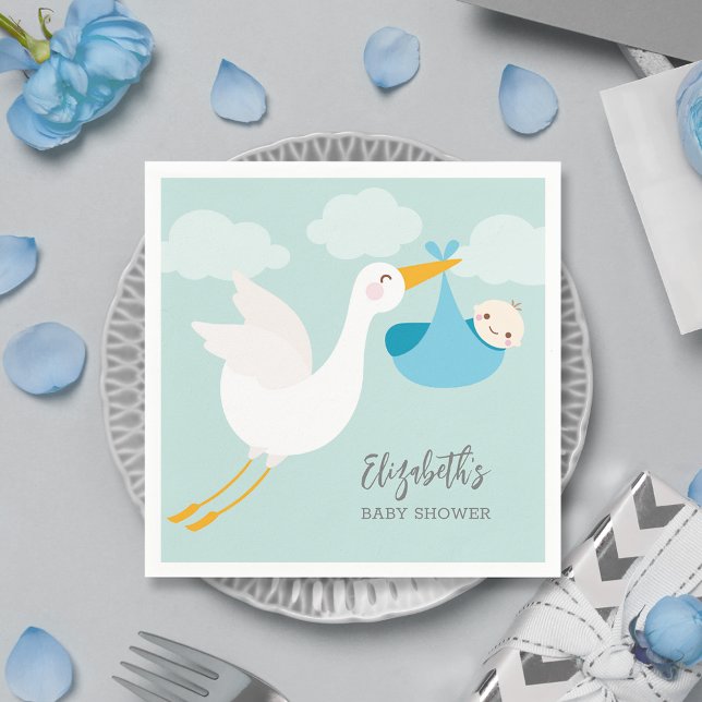 Guardanapo De Papel Chá de fraldas de Garoto de Tempestade Napkins (Blue stork bundle boy baby shower personalized cocktail napkins)