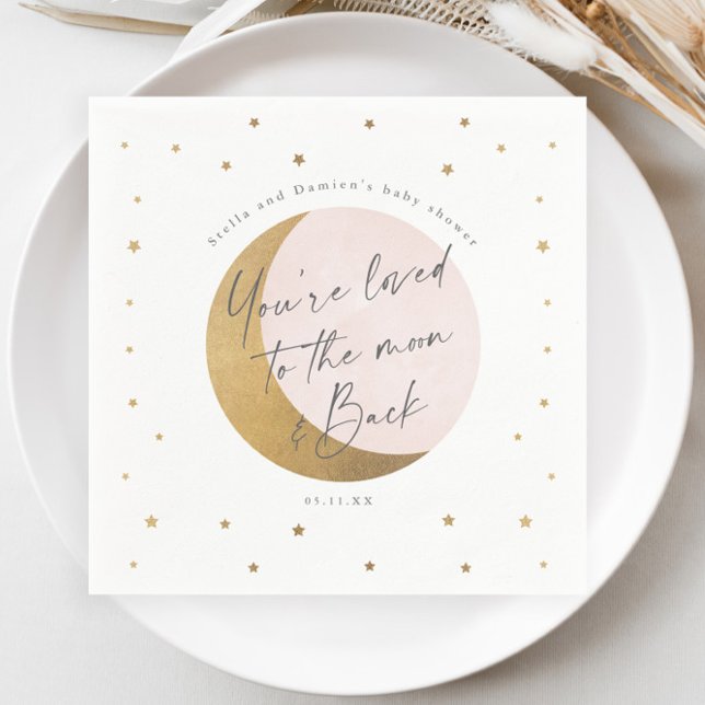 Guardanapo De Papel Chá de fraldas de lua e estrelas (Elegant Gold Moon and Stars Script Pink Girls Baby Shower Napkin.)