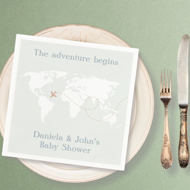 Guardanapo De Papel Chá de fraldas de Mapa do Mundo de Viagem de Avent (Adventure Travel World Map Baby Shower Napkins)