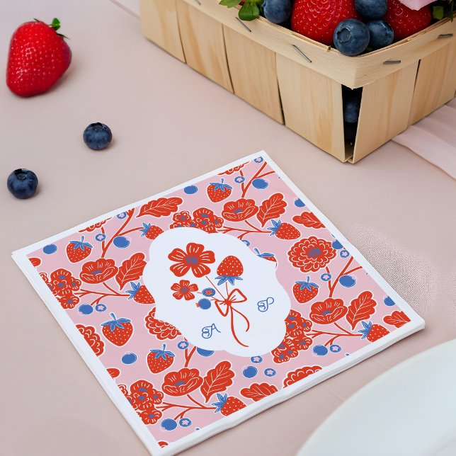Guardanapo De Papel Chá de fraldas de Monograma Berry Sweet Berries (Berry Sweet Berries Monogram Baby Shower Napkins)