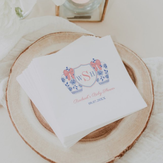 Guardanapo De Papel Chá de fraldas de Monograma de Garota de Aquarela  (Preppy ginger jars with pink bows and 3 letter monogram baby girl shower party napkins)