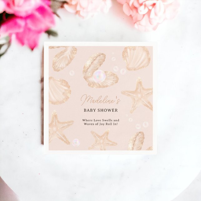 Guardanapo De Papel Chá de fraldas de pérolas da praia do oceano bonit (Cute ocean beach little pearl baby shower napkins)