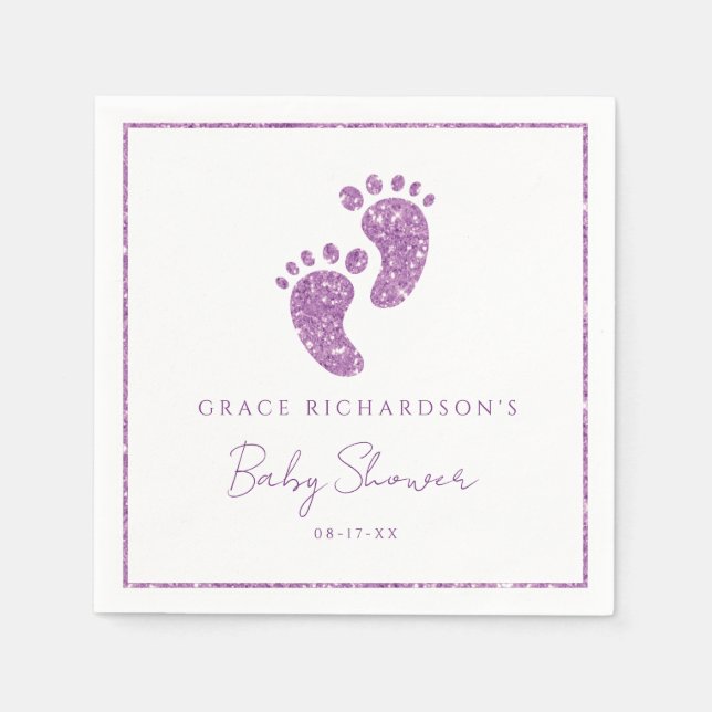 Guardanapo De Papel Chá de fraldas de Pés-Bebê com Glitter Roxo Person (Frente)