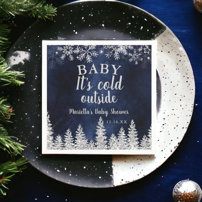 Guardanapo De Papel Chá de fraldas de pinheiro prateado de inverno (Winter Christmas silver snow pine navy baby shower Napkins)