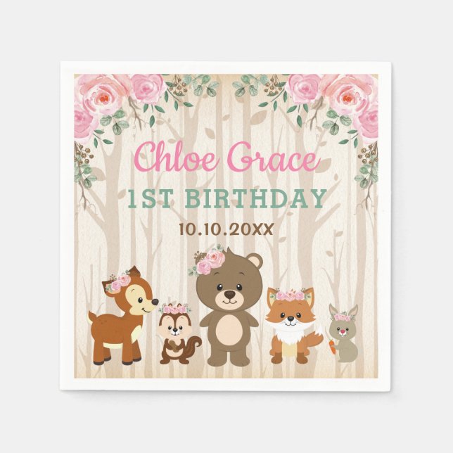 Guardanapo De Papel Chá de fraldas de primeiro aniversario da Floresta (Frente)