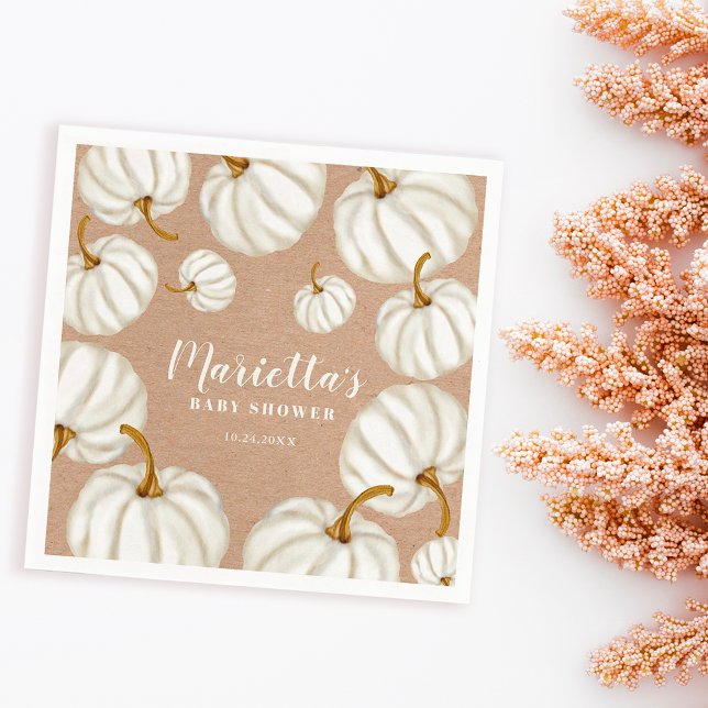 Guardanapo De Papel Chá de fraldas de queda de uma manivela branca (White Little pumpkin kraft fall baby shower Napkins)