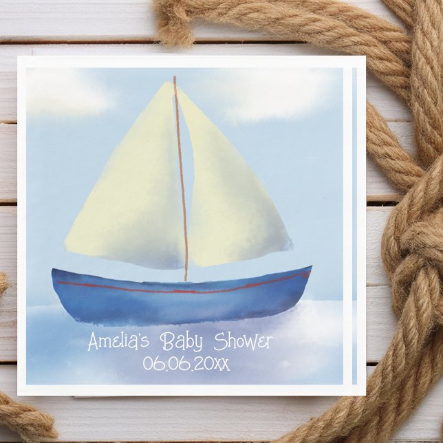 Guardanapo De Papel Chá de fraldas de veleiro azul personalizado (Ship Ahoy- It's a boy! Whimsical blue sailboat baby shower paper napkins.)