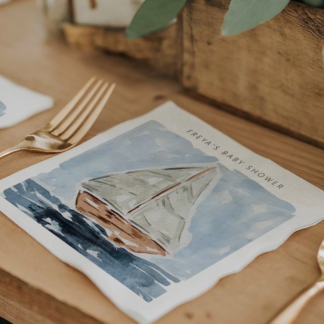 Guardanapo De Papel Chá de fraldas de veleiro náutico personalizado (Blue nautical watercolor sailboat modern baby shower personalized napkins.)
