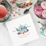 Guardanapo De Papel Chá de fraldas do Blue Vintage Chic Floral Tea Par<br><div class="desc">Uma bela festinha floral, estilo chic vintage, chá, festa tematizada de bebê chá de fraldas de guardanapo de design com um bule de bolinhas de folha de ouro azul com lindas flores cor-de-água rosa florais. Lindos arranjos florais cor-de-rosa-pincel e folhas profundas são aninhadas em torno do bule azul para um...</div>